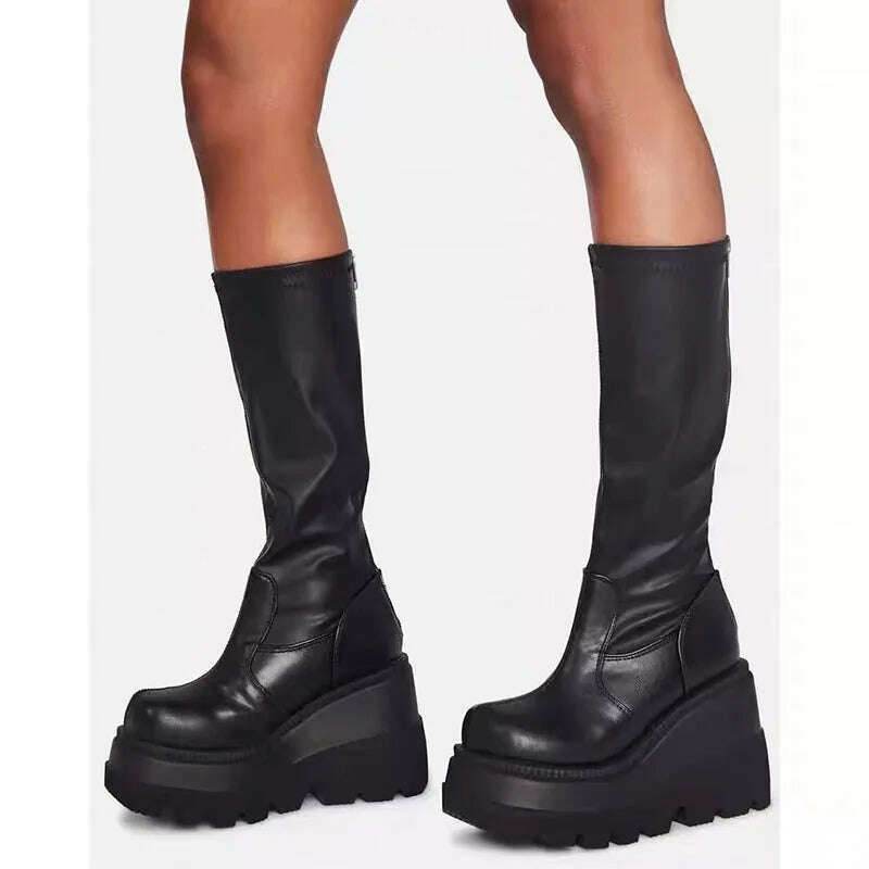 KIMLUD, Winter Women Boots Mid-calf Wedge High Heel Platform Lace Up Zip Ladies Pumps Female Punk Gothic Motorcycle Black Round Toe Shoe, KIMLUD Womens Clothes