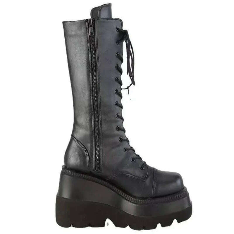KIMLUD, Winter Women Boots Mid-calf Wedge High Heel Platform Lace Up Zip Ladies Pumps Female Punk Gothic Motorcycle Black Round Toe Shoe, KIMLUD Womens Clothes