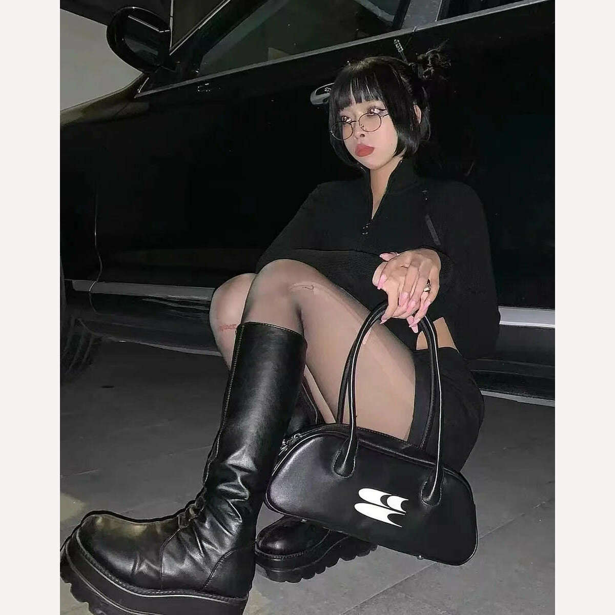 KIMLUD, Winter Women Boots Mid-calf Wedge High Heel Platform Lace Up Zip Ladies Pumps Female Punk Gothic Motorcycle Black Round Toe Shoe, KIMLUD Womens Clothes