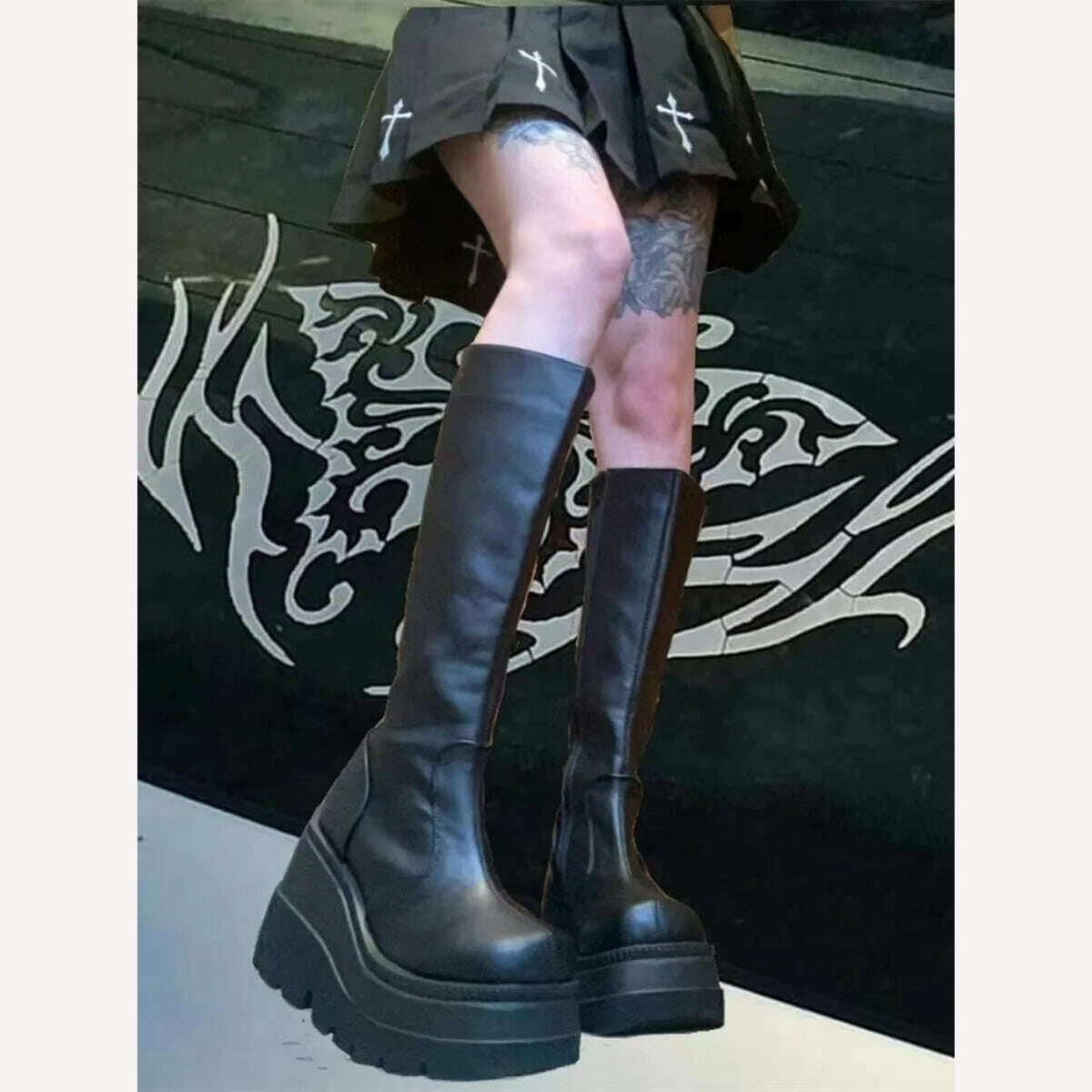 KIMLUD, Winter Women Boots Mid-calf Wedge High Heel Platform Lace Up Zip Ladies Pumps Female Punk Gothic Motorcycle Black Round Toe Shoe, KIMLUD Womens Clothes