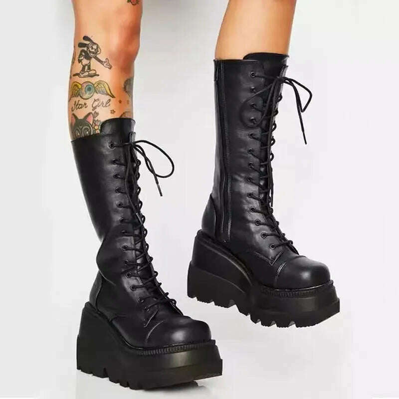KIMLUD, Winter Women Boots Mid-calf Wedge High Heel Platform Lace Up Zip Ladies Pumps Female Punk Gothic Motorcycle Black Round Toe Shoe, KIMLUD Womens Clothes