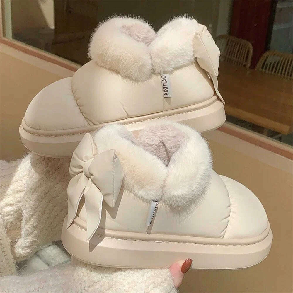 KIMLUD, Winter Women Cute Warm Ankle Boots Outdoor Non-slip Thick Sole Snow Boots Furry Bow Cotton Shoes Men Pu Waterproof Plush Boots, Beige / 36-37(fit 35-36), KIMLUD Womens Clothes
