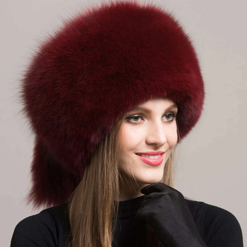 Winter Women Fashion Real Fur Hat Natural Fox Fur Hats Headgear Russian Outdoor Cap Ladies Thicken Warm Fur Caps - KIMLUD