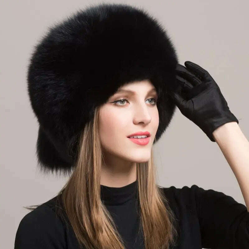 Winter Women Fashion Real Fur Hat Natural Fox Fur Hats Headgear Russian Outdoor Cap Ladies Thicken Warm Fur Caps - KIMLUD