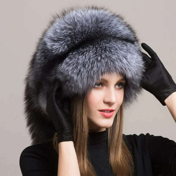 KIMLUD, Winter Women Fashion Real Fur Hat Natural Fox Fur Hats Headgear Russian Outdoor Cap Ladies Thicken Warm Fur Caps, Silver fox one Tail, KIMLUD Women's Clothes