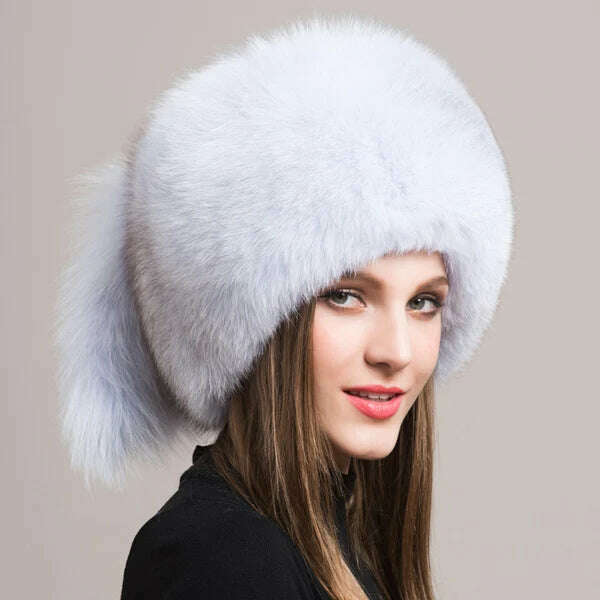 KIMLUD, Winter Women Fashion Real Fur Hat Natural Fox Fur Hats Headgear Russian Outdoor Cap Ladies Thicken Warm Fur Caps, white black two tail, KIMLUD Women's Clothes