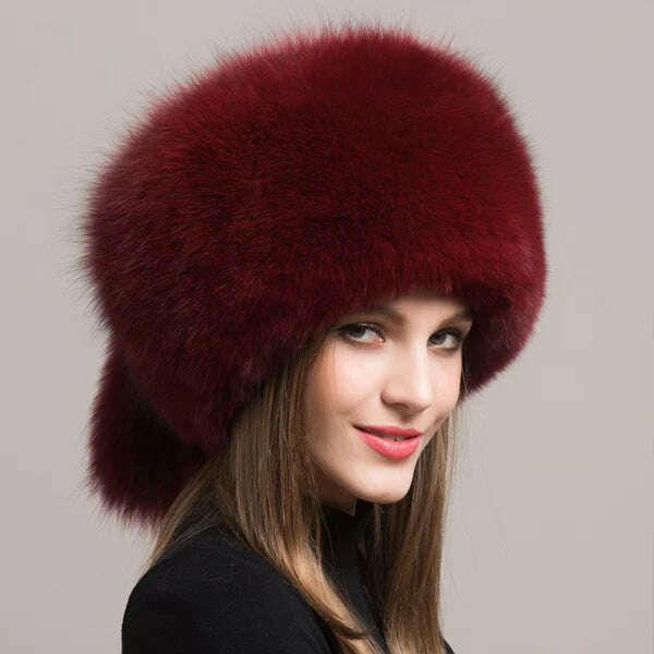 KIMLUD, Winter Women Fashion Real Fur Hat Natural Fox Fur Hats Headgear Russian Outdoor Cap Ladies Thicken Warm Fur Caps, Wine red two tails, KIMLUD Women's Clothes