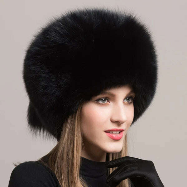 KIMLUD, Winter Women Fashion Real Fur Hat Natural Fox Fur Hats Headgear Russian Outdoor Cap Ladies Thicken Warm Fur Caps, Black two tails, KIMLUD Women's Clothes