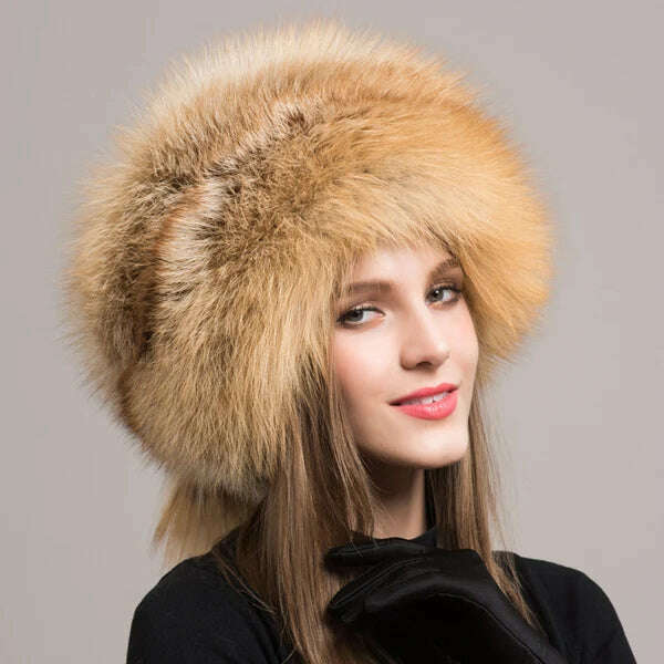 KIMLUD, Winter Women Fashion Real Fur Hat Natural Fox Fur Hats Headgear Russian Outdoor Cap Ladies Thicken Warm Fur Caps, Red fox two tails, KIMLUD Womens Clothes