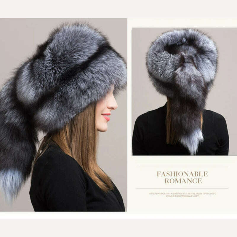 KIMLUD, Winter Women Fashion Real Fur Hat Natural Fox Fur Hats Headgear Russian Outdoor Cap Ladies Thicken Warm Fur Caps, KIMLUD Women's Clothes