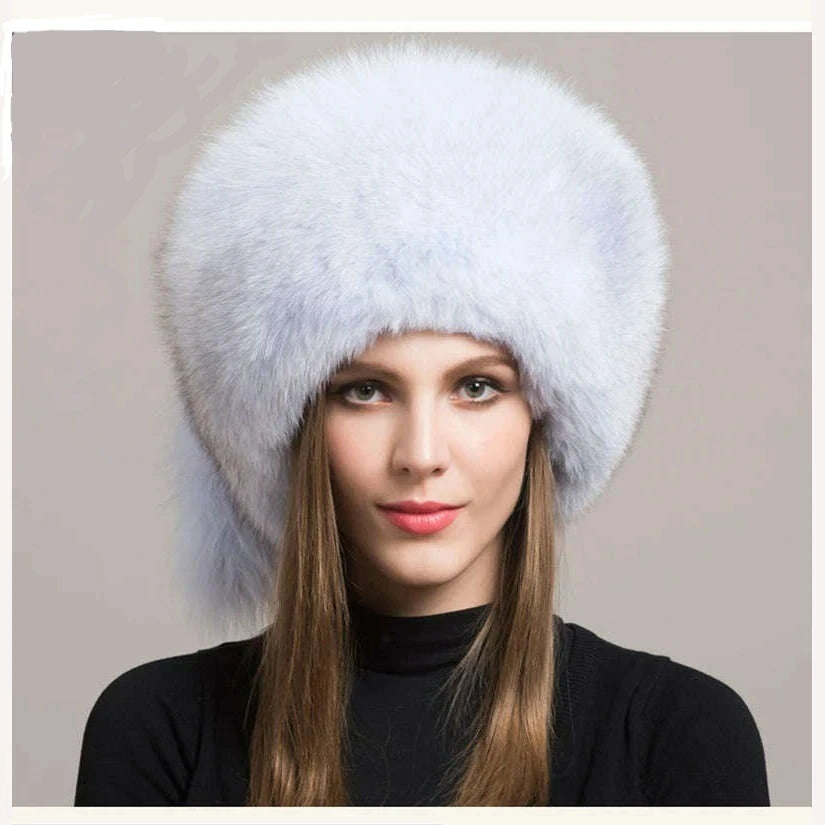 KIMLUD, Winter Women Fashion Real Fur Hat Natural Fox Fur Hats Headgear Russian Outdoor Cap Ladies Thicken Warm Fur Caps, KIMLUD Womens Clothes