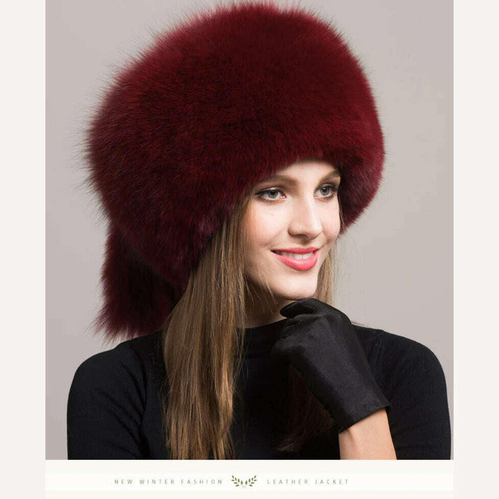 KIMLUD, Winter Women Fashion Real Fur Hat Natural Fox Fur Hats Headgear Russian Outdoor Cap Ladies Thicken Warm Fur Caps, KIMLUD Women's Clothes