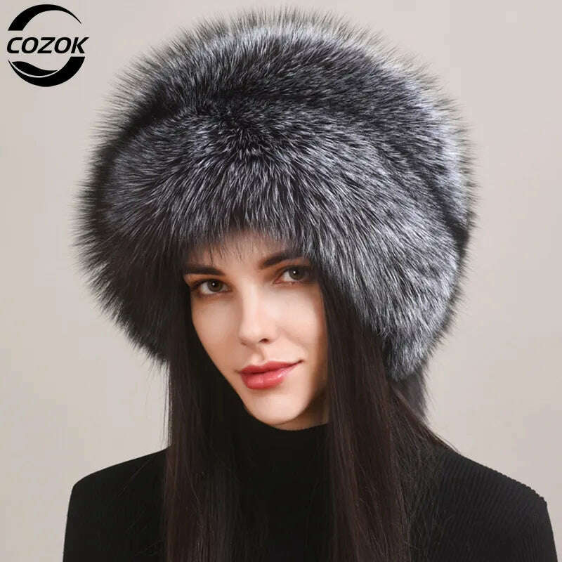 KIMLUD, Winter Women Fur Cap Real Genuine Natural Fox Fur Hats Headgear Russian Outdoor Girls Beanies Cap Ladies Warm Fashion Bomber Hat, KIMLUD Womens Clothes