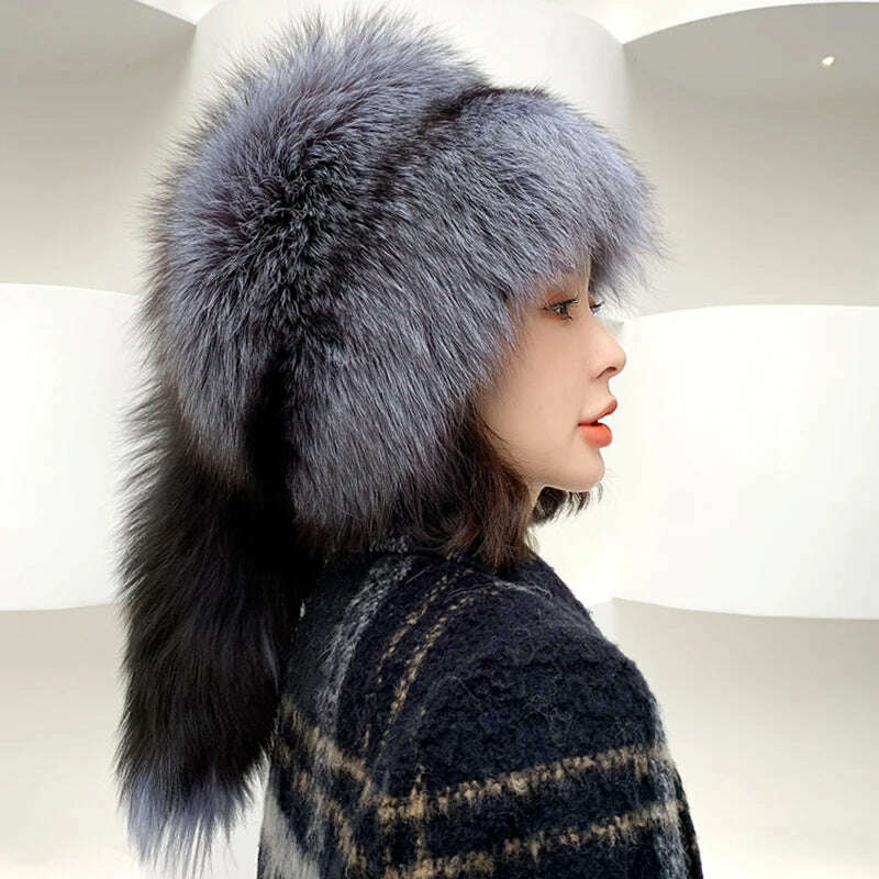 KIMLUD, Winter Women Fur Cap Real Genuine Natural Fox Fur Hats Headgear Russian Outdoor Girls Beanies Cap Ladies Warm Fashion Bomber Hat, KIMLUD Womens Clothes