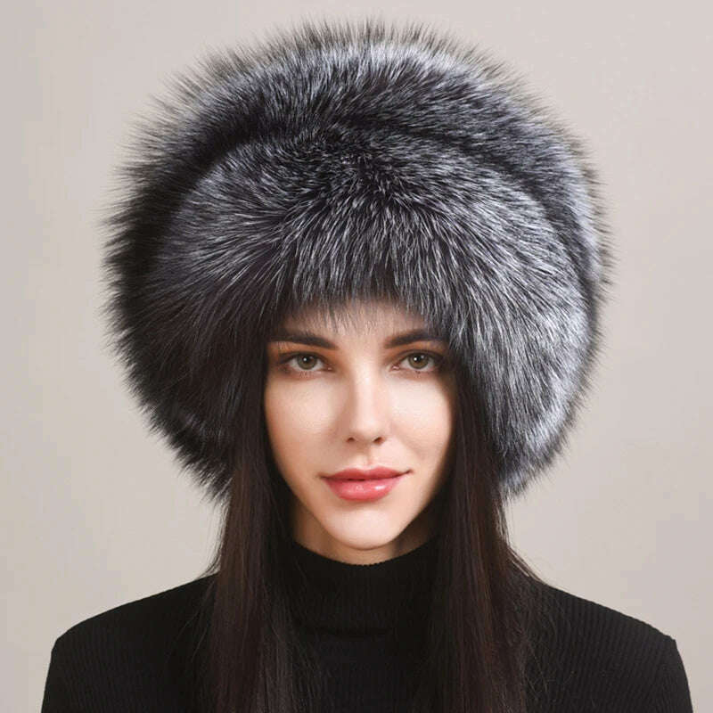 KIMLUD, Winter Women Fur Cap Real Genuine Natural Fox Fur Hats Headgear Russian Outdoor Girls Beanies Cap Ladies Warm Fashion Bomber Hat, KIMLUD Womens Clothes