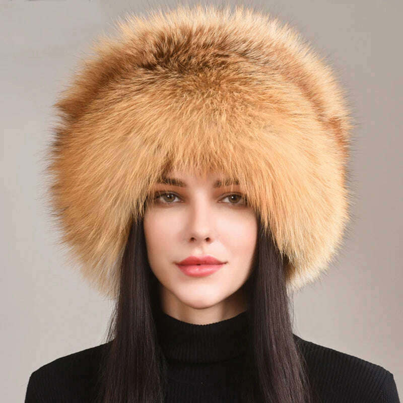 KIMLUD, Winter Women Fur Cap Real Genuine Natural Fox Fur Hats Headgear Russian Outdoor Girls Beanies Cap Ladies Warm Fashion Bomber Hat, KIMLUD Women's Clothes