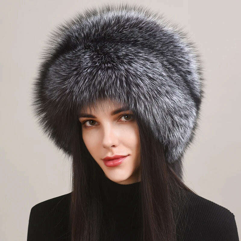 KIMLUD, Winter Women Fur Cap Real Genuine Natural Fox Fur Hats Headgear Russian Outdoor Girls Beanies Cap Ladies Warm Fashion Bomber Hat, silver fox fur / 54-56cm, KIMLUD Women's Clothes