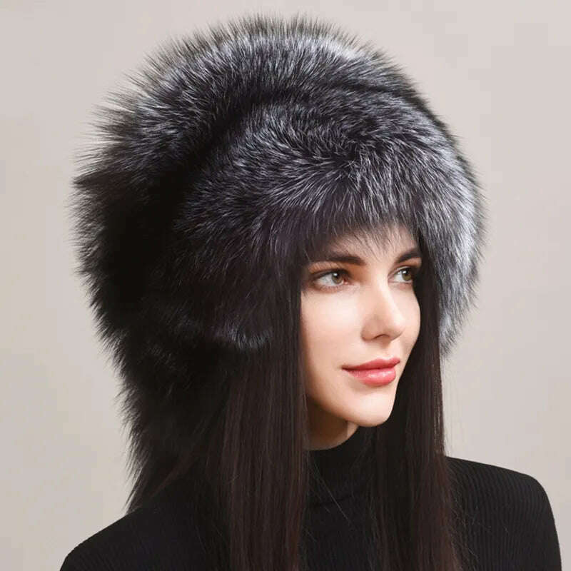KIMLUD, Winter Women Fur Cap Real Genuine Natural Fox Fur Hats Headgear Russian Outdoor Girls Beanies Cap Ladies Warm Fashion Bomber Hat, KIMLUD Womens Clothes