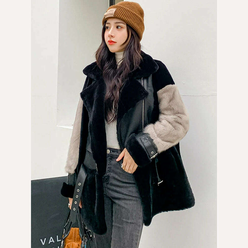 KIMLUD, Winter Women Real Natural Merino Sheep Fur Coat With Real Mink Fur Sleeve Genuine Leather Motorcyle Female Clothings, KIMLUD Womens Clothes