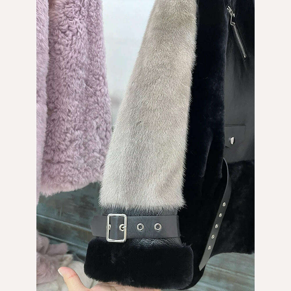 KIMLUD, Winter Women Real Natural Merino Sheep Fur Coat With Real Mink Fur Sleeve Genuine Leather Motorcyle Female Clothings, KIMLUD Womens Clothes