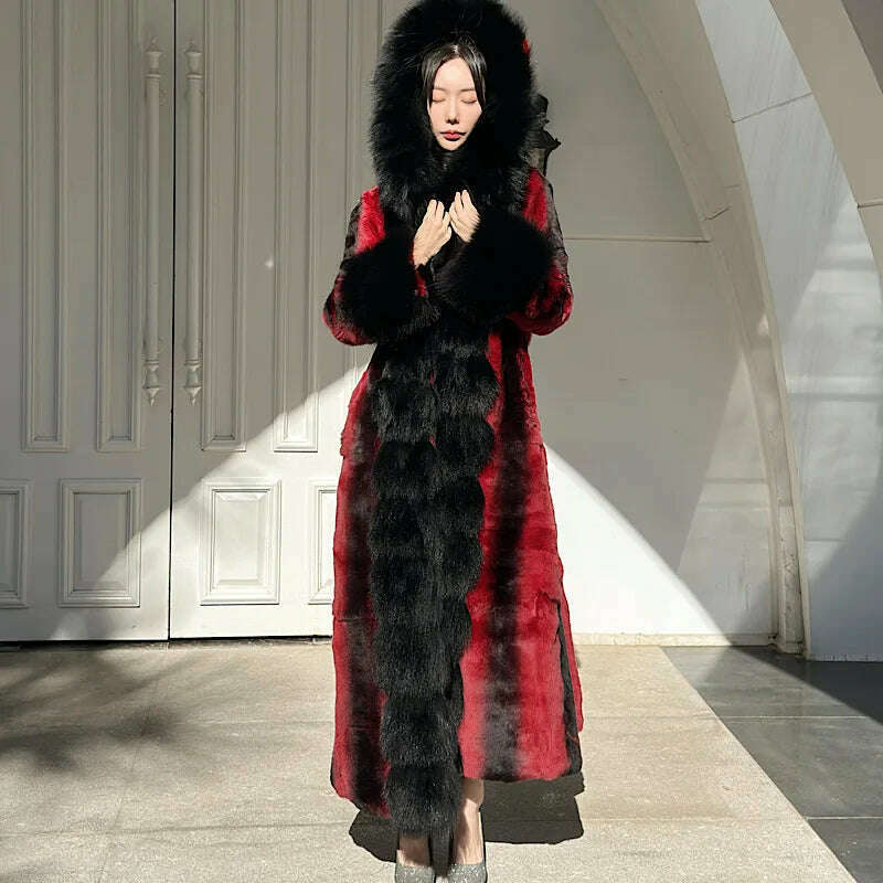 KIMLUD, Winter Women Real Rex Rabbit Fur Coats With Fox Hooded Natural Whole Skin Genuine  Long Jackets Overcoat Fashion 2023 Women, KIMLUD Women's Clothes