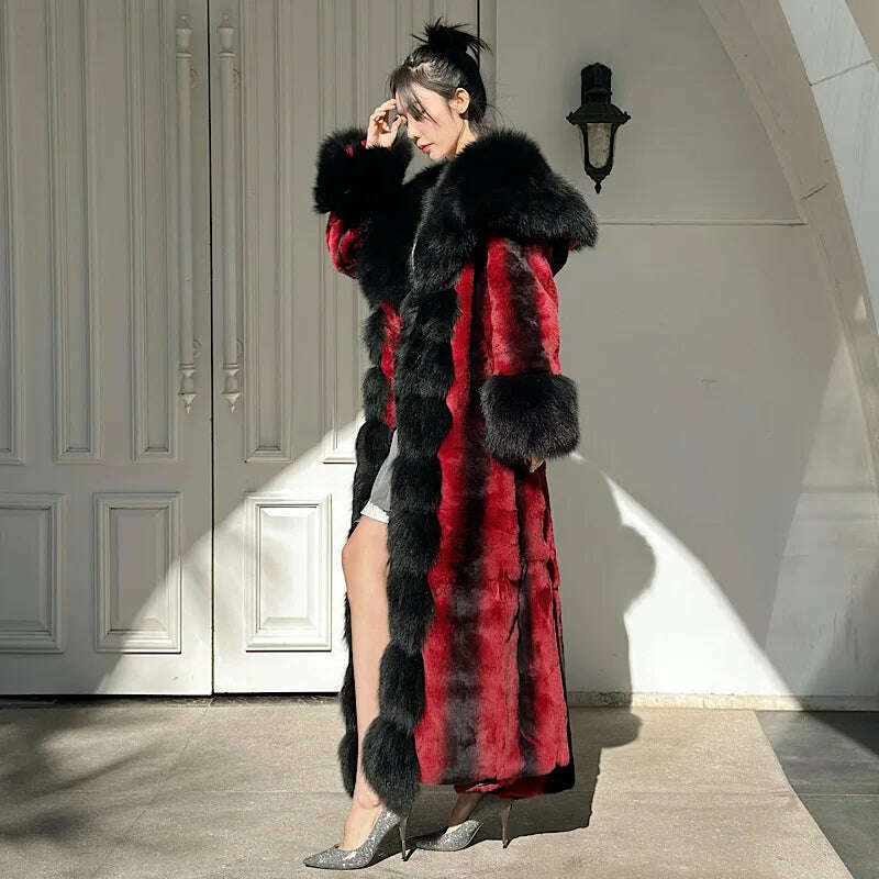 KIMLUD, Winter Women Real Rex Rabbit Fur Coats With Fox Hooded Natural Whole Skin Genuine  Long Jackets Overcoat Fashion 2023 Women, KIMLUD Womens Clothes