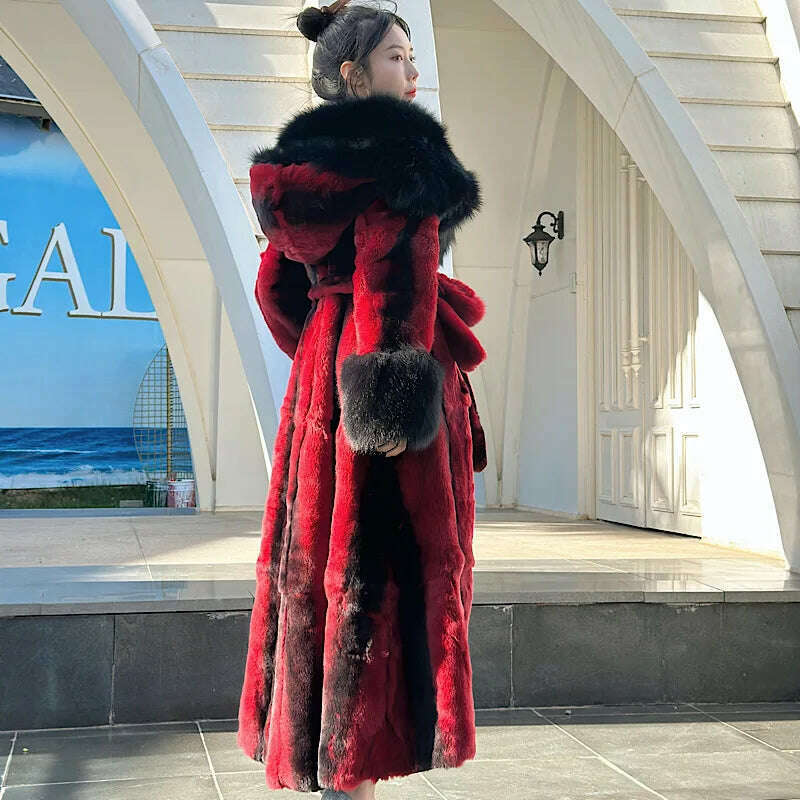 KIMLUD, Winter Women Real Rex Rabbit Fur Coats With Fox Hooded Natural Whole Skin Genuine  Long Jackets Overcoat Fashion 2023 Women, KIMLUD Womens Clothes