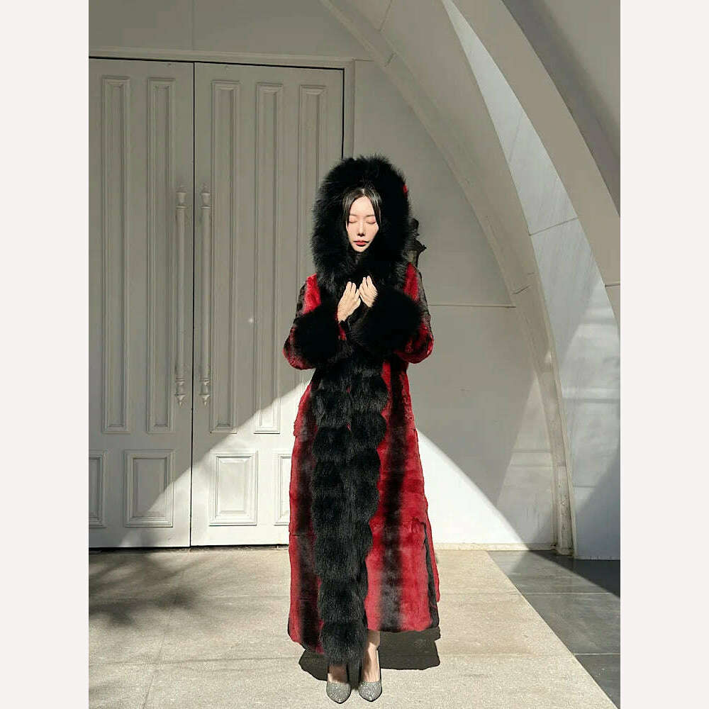 KIMLUD, Winter Women Real Rex Rabbit Fur Coats With Fox Hooded Natural Whole Skin Genuine  Long Jackets Overcoat Fashion 2023 Women, KIMLUD Womens Clothes