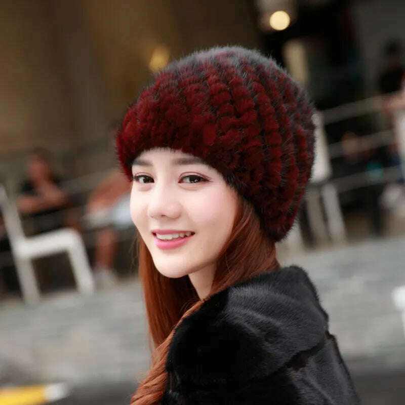 KIMLUD, Winter Womens Mink Fur Hats Natural Real Fur Knitted Cap Fashionable Fluffy Ladies Genuine Fur Beanie Female Black Fur Caps, KIMLUD Women's Clothes