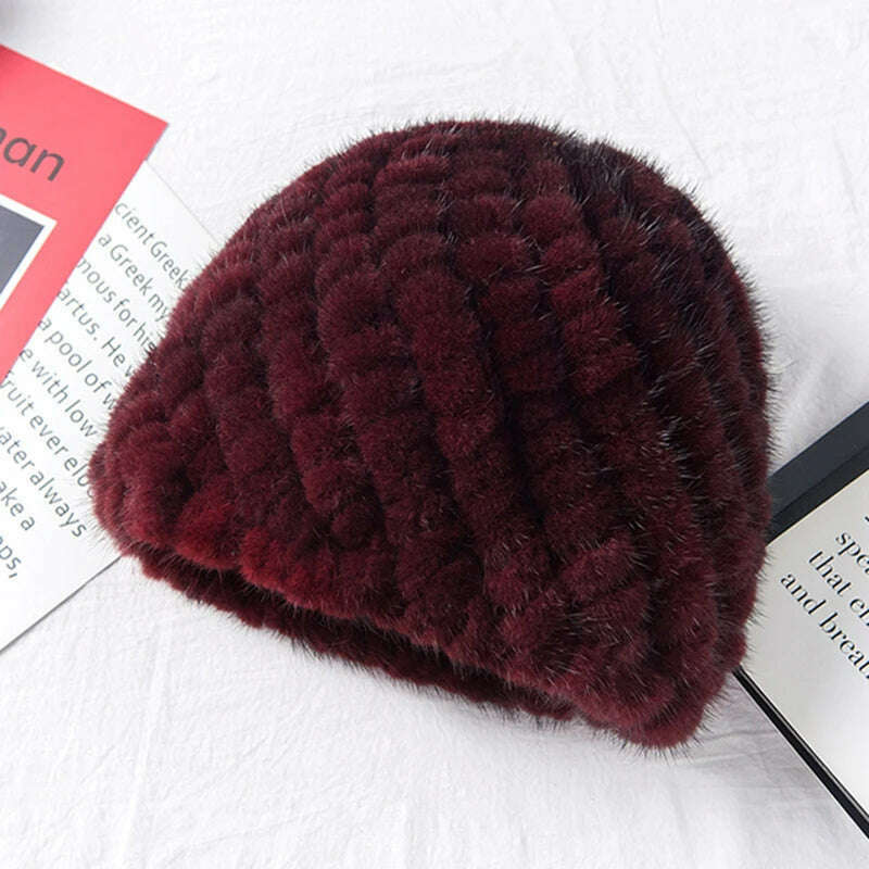 KIMLUD, Winter Womens Mink Fur Hats Natural Real Fur Knitted Cap Fashionable Fluffy Ladies Genuine Fur Beanie Female Black Fur Caps, wine red, KIMLUD Womens Clothes