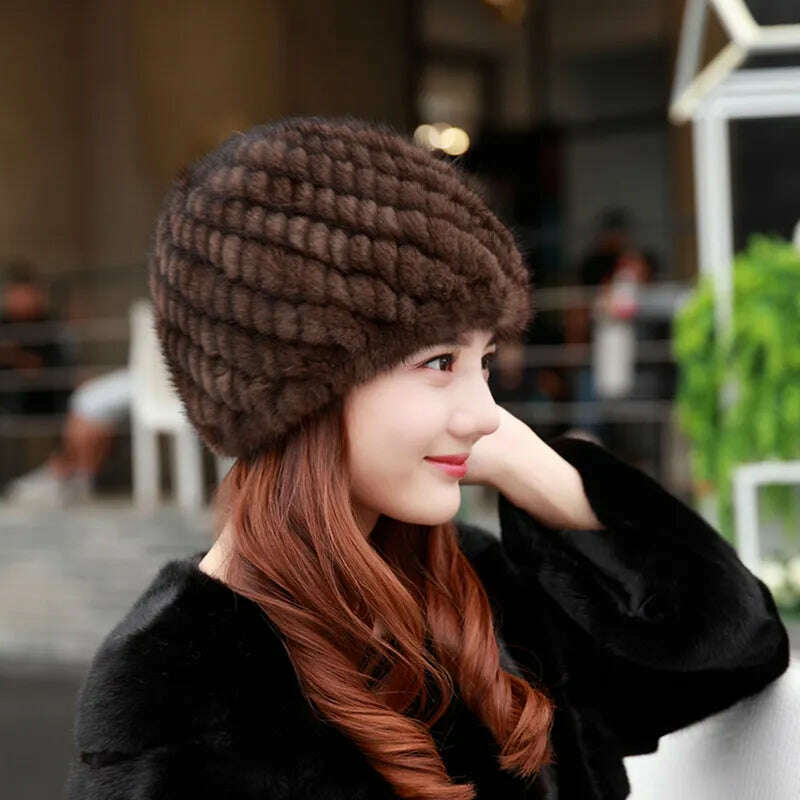 KIMLUD, Winter Womens Mink Fur Hats Natural Real Fur Knitted Cap Fashionable Fluffy Ladies Genuine Fur Beanie Female Black Fur Caps, KIMLUD Womens Clothes