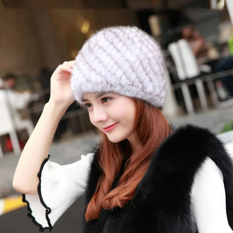 KIMLUD, Winter Womens Mink Fur Hats Natural Real Fur Knitted Cap Fashionable Fluffy Ladies Genuine Fur Beanie Female Black Fur Caps, KIMLUD Womens Clothes