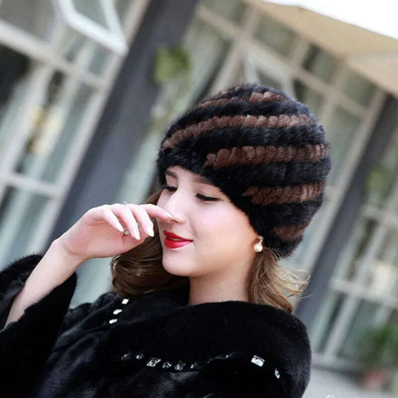 KIMLUD, Winter Womens Mink Fur Hats Natural Real Fur Knitted Cap Fashionable Fluffy Ladies Genuine Fur Beanie Female Black Fur Caps, KIMLUD Womens Clothes