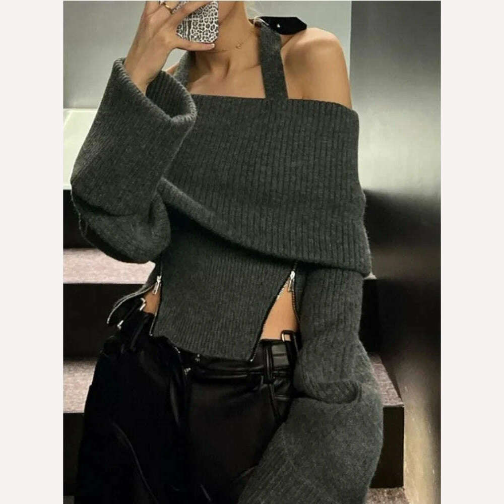 KIMLUD, Winter Y2k Elegant Knitted Pullovers Women Slash Neck Vintage Sexy Chic Sweaters Female Korean Fashion Slim Zipper Tops 2023 New, KIMLUD Women's Clothes