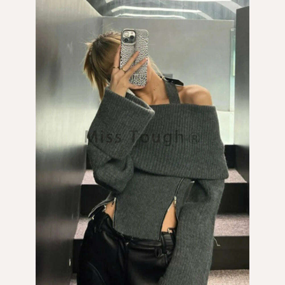 KIMLUD, Winter Y2k Elegant Knitted Pullovers Women Slash Neck Vintage Sexy Chic Sweaters Female Korean Fashion Slim Zipper Tops 2023 New, KIMLUD Womens Clothes