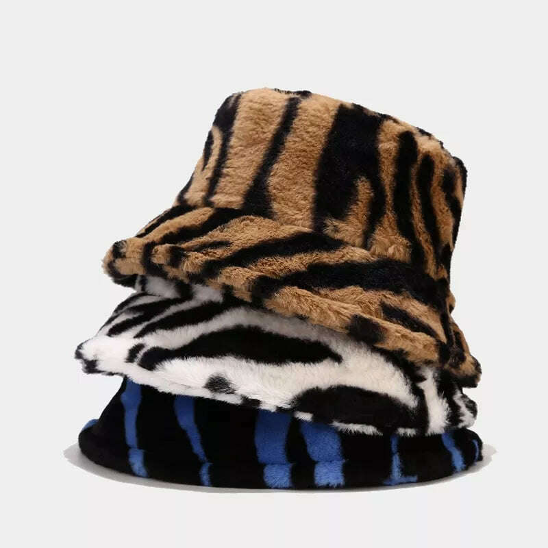 Winter Zebra Pattern Faux Fur Fluffy Bucket Hats Women Outdoor Warm Sun Hat Soft Velvet Furly Fisherman Cap Lady Fashion Panama - KIMLUD
