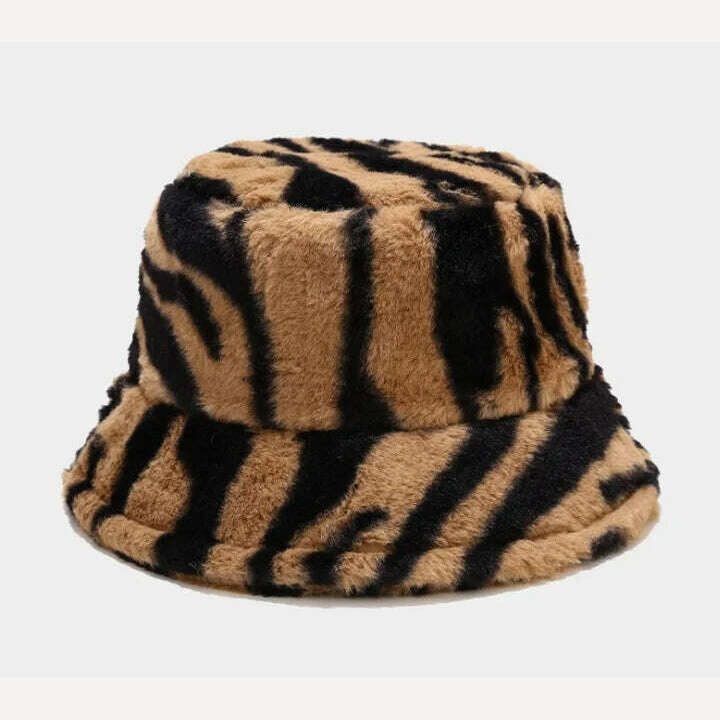 KIMLUD, Winter Zebra Pattern Faux Fur Fluffy Bucket Hats Women Outdoor Warm Sun Hat Soft Velvet Furly Fisherman Cap Lady Fashion Panama, Brown / 54-58cm, KIMLUD Womens Clothes