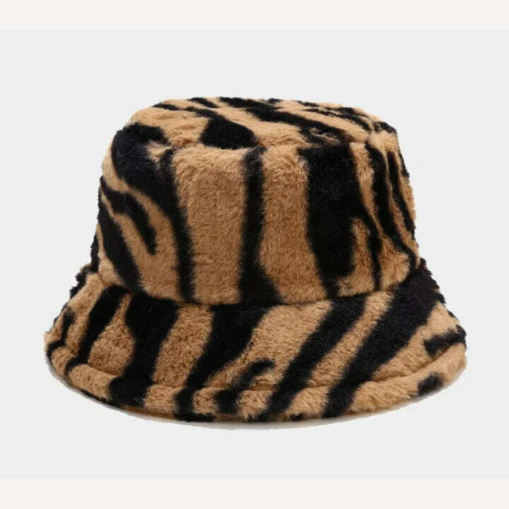 Winter Zebra Pattern Faux Fur Fluffy Bucket Hats Women Outdoor Warm Sun Hat Soft Velvet Furly Fisherman Cap Lady Fashion Panama - KIMLUD
