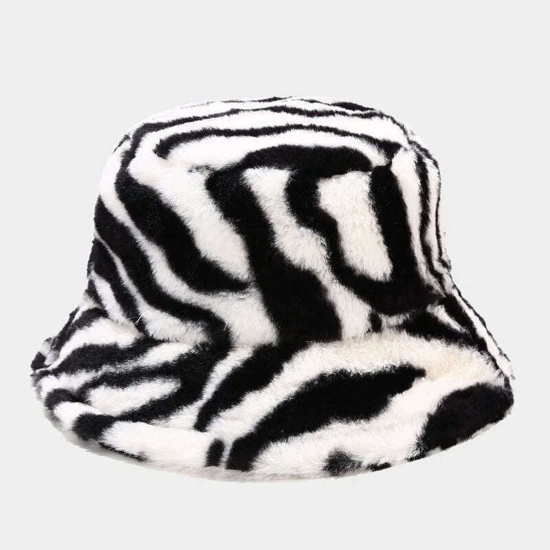 KIMLUD, Winter Zebra Pattern Faux Fur Fluffy Bucket Hats Women Outdoor Warm Sun Hat Soft Velvet Furly Fisherman Cap Lady Fashion Panama, Write / 54-58cm, KIMLUD Womens Clothes