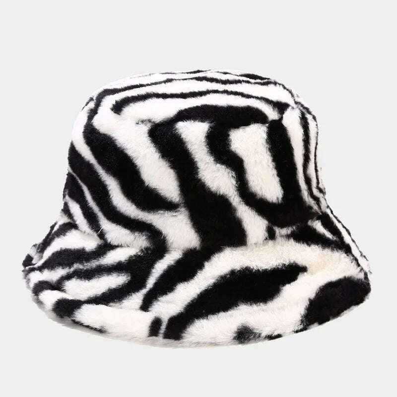Winter Zebra Pattern Faux Fur Fluffy Bucket Hats Women Outdoor Warm Sun Hat Soft Velvet Furly Fisherman Cap Lady Fashion Panama - KIMLUD