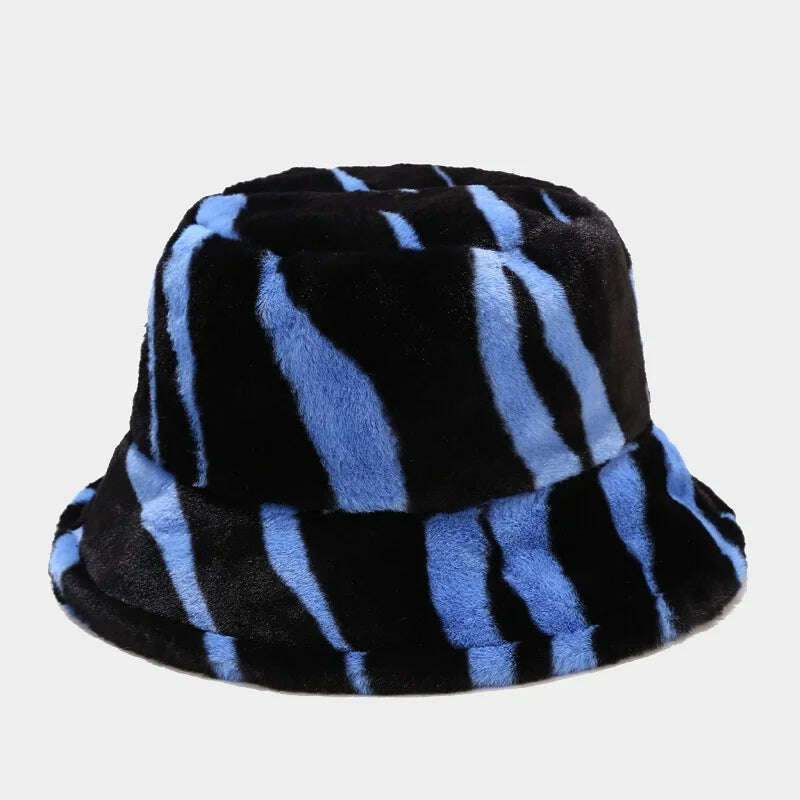 KIMLUD, Winter Zebra Pattern Faux Fur Fluffy Bucket Hats Women Outdoor Warm Sun Hat Soft Velvet Furly Fisherman Cap Lady Fashion Panama, Blue / 54-58cm, KIMLUD Womens Clothes