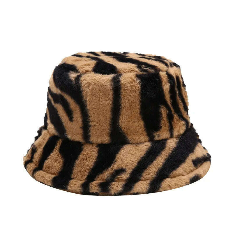Winter Zebra Pattern Faux Fur Fluffy Bucket Hats Women Outdoor Warm Sun Hat Soft Velvet Furly Fisherman Cap Lady Fashion Panama - KIMLUD