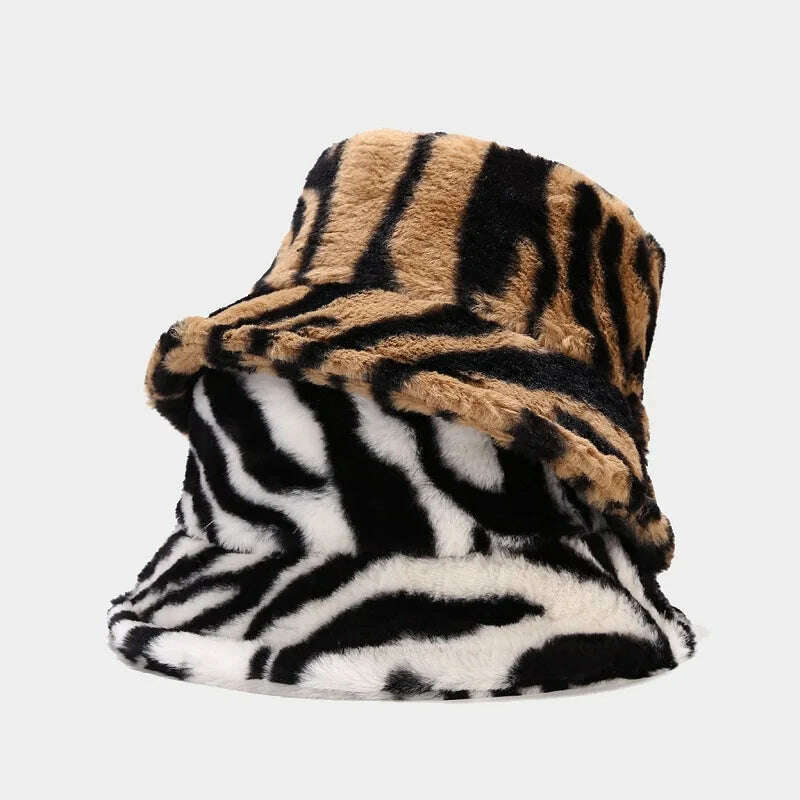 Winter Zebra Pattern Faux Fur Fluffy Bucket Hats Women Outdoor Warm Sun Hat Soft Velvet Furly Fisherman Cap Lady Fashion Panama - KIMLUD