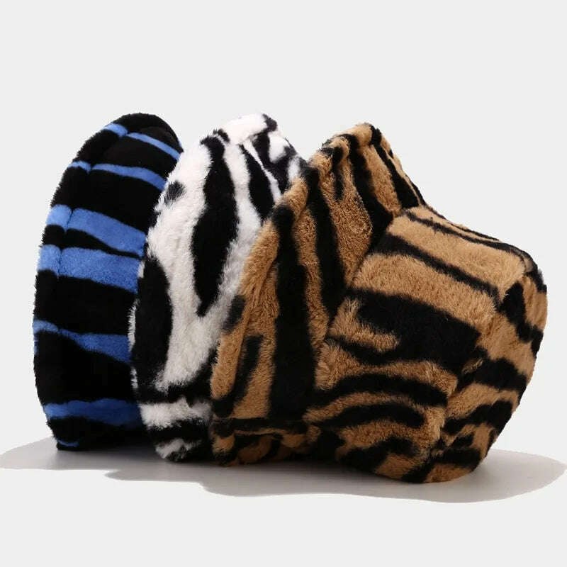 Winter Zebra Pattern Faux Fur Fluffy Bucket Hats Women Outdoor Warm Sun Hat Soft Velvet Furly Fisherman Cap Lady Fashion Panama - KIMLUD