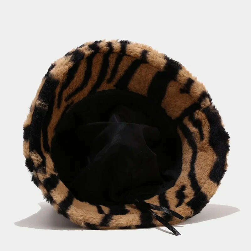 Winter Zebra Pattern Faux Fur Fluffy Bucket Hats Women Outdoor Warm Sun Hat Soft Velvet Furly Fisherman Cap Lady Fashion Panama - KIMLUD