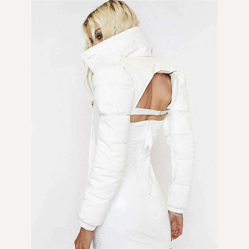 KIMLUD, WJFZQM Backless Short Bread Jacket Women Casual Street Wear Winter Solid Color High Necked Padded Cotton Coat Adjustment Buckle, KIMLUD Womens Clothes
