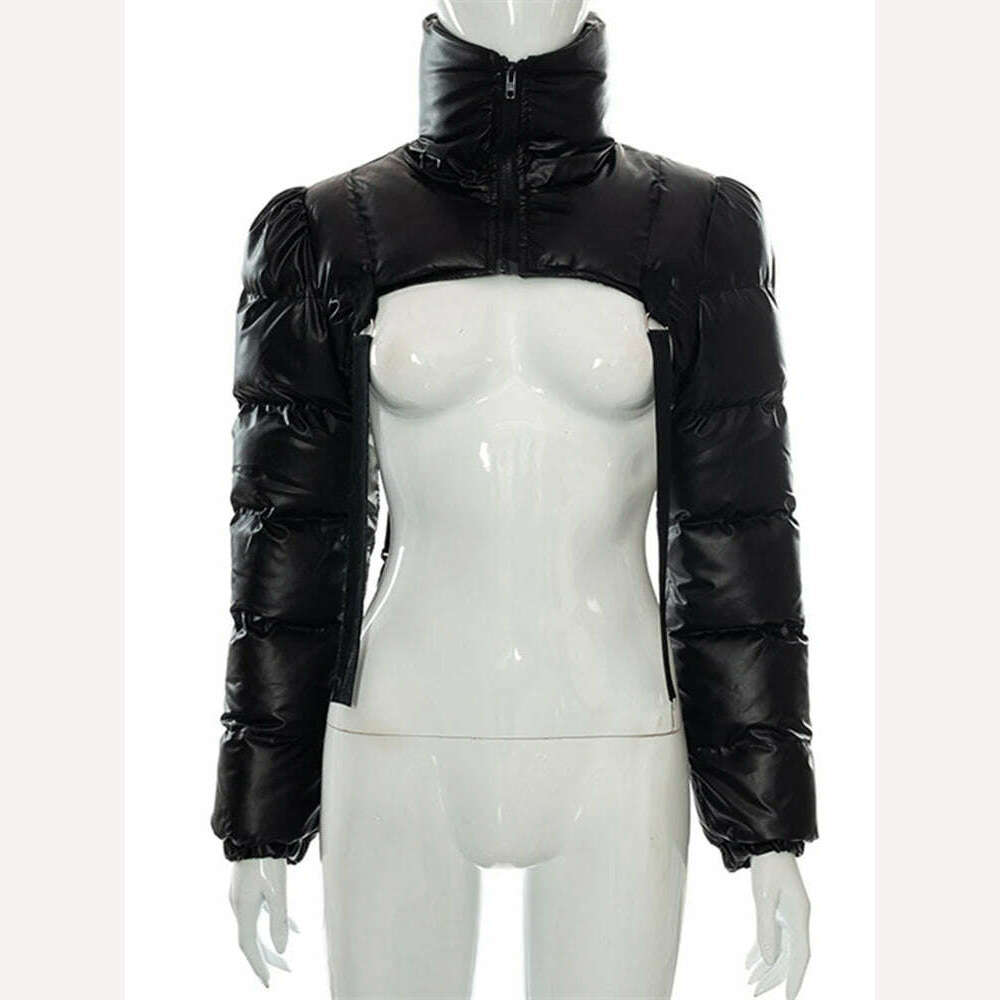 KIMLUD, WJFZQM Backless Short Bread Jacket Women Casual Street Wear Winter Solid Color High Necked Padded Cotton Coat Adjustment Buckle, KIMLUD Womens Clothes