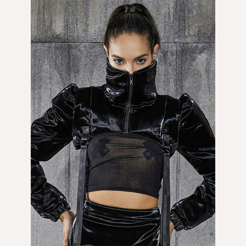 KIMLUD, WJFZQM Backless Short Bread Jacket Women Casual Street Wear Winter Solid Color High Necked Padded Cotton Coat Adjustment Buckle, KIMLUD Womens Clothes