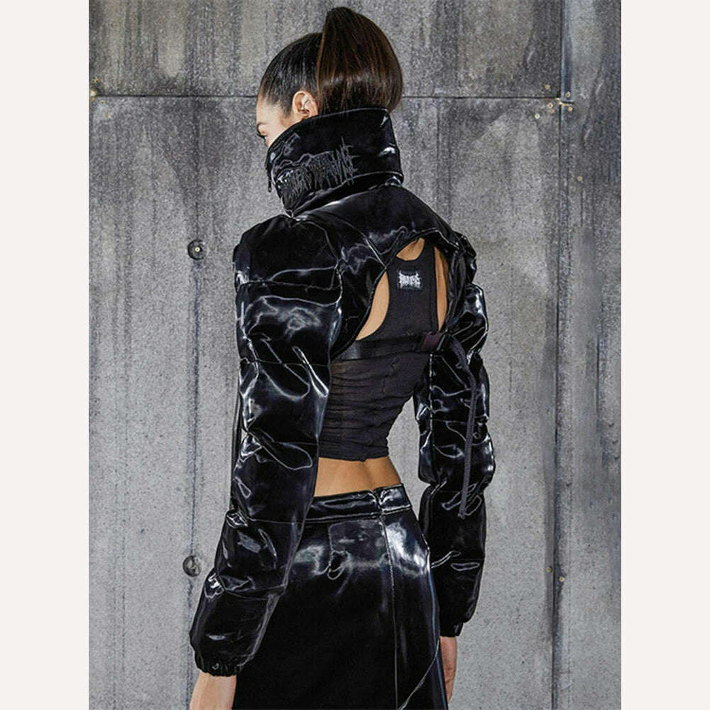 KIMLUD, WJFZQM Backless Short Bread Jacket Women Casual Street Wear Winter Solid Color High Necked Padded Cotton Coat Adjustment Buckle, KIMLUD Womens Clothes