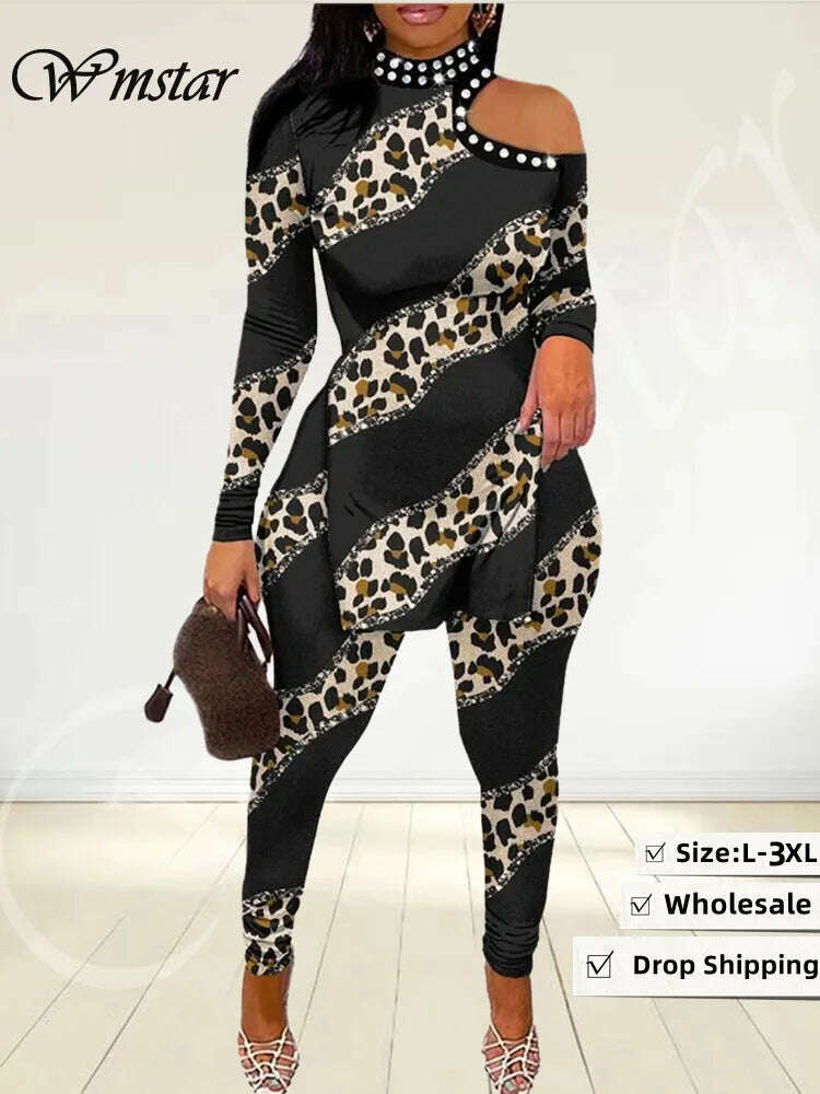 KIMLUD, Wmstar Two Piece Set Women Clothing Tops and Pants Hollow Out Sleeve Leopard Leggings Matching Suit Wholesale Dropshipping 2023, KIMLUD Womens Clothes